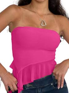 lot 12486 image: Remidoo Tube Tops Sheer Mesh Strapless Top Asym Hem Cropped Shirt Rose Pink- XXL