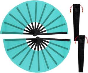 lot 12488 image: Nydotd 2-Pack Large Rave Fans, Handheld Folding Nylon Cloth with Holder Blue