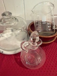 lot 191 image: Marble Cheese Tray w Glass Lid, Measuring Cup and More