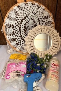 lot 155 image: Arts and Crafts - Doilly on Hoop, Crochetted Mirror, Glue Gun w Sticks, Flowers