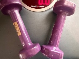 lot 142 image: Bathroom Scale and (2) Dumbells