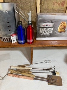 lot 134 image: Charcoal Starter, Coleman Drinking Bottles, Smokepro Beer Can Chicken Holders and Utensils