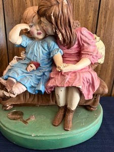 lot 402 image: Antique Henneckess Florentine Statuary, Chalkware or Cast Plaster, Little Girls w Broken Doll