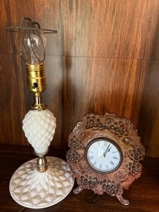 lot 409 image: Milk Glass Table Lamp and Cast Iron Clock