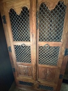 lot 123 image: Wood Cabinet w Metal SidesFront, Approx 38 x 14 x 66