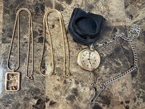 lot 109 image: Avon Taurus Pendant, Chains and a Pocket Watch w ChainCase