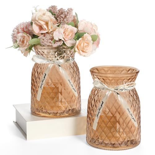 lot 1135 image: 2PACK Amber Glass Flower Vases(Flowers NOT Included),6.3 High Diamond Pattern Retail $22.49