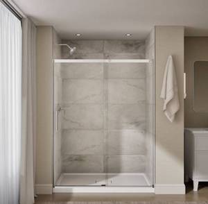 lot 1001 image: Kohler Prone  Glass Sliding Shower Door 56.2-59.6 wide by 78 high Anodized Matte Nickle - Retail $720