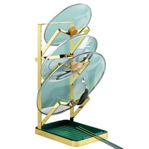 lot 1011 image: Pot Lid Holders 3 Layer With Removable Drain Tray Lid Stand Rack for Kitchen Cooking Pot Lid Organizer Spoon Rest Holder Cutting Boards Gold Rack - Retail $36