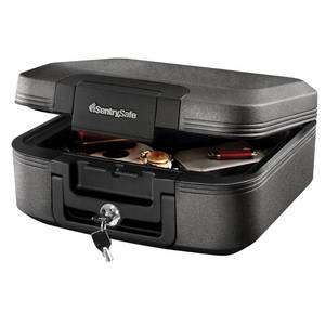 lot 1037 image: SentrySafe Dark Gray Fireproof and Waterproof Safe with Key Lock, Chest Lock Box with Carrying Handle for Travel, 0.28 Cubic Feet, 6.6 x 15.4 x 14.3 Inches, CFW20201 - Retail $73