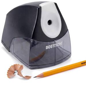 lot 1060 image: Bostitch Office Electric Pencil Sharpener for Classroom & Desk Use, Heavy-Duty Stall-Free Motor, High-Capacity Shavings Tray, Black - Retail $21