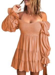 lot 1141 image: Off The Shoulder Square V Neck Long Sleeve Babydoll Ruffle Smocked A-Line Blue Small - Retail $73