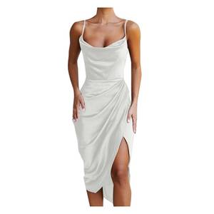 lot 1150 image: Spaghetti Strap Cowl Neck Side Slit Party Midi Dress Ruched Bodycon Dress White XXL - Retail $20