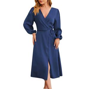 lot 1151 image: Women V Neck Long Sleeve Tunic Waist Slit Solid Color A Line Midi Casual Dress(Dark Blue, XL) - Retail $25