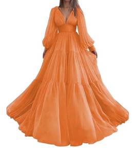 lot 1152 image: Long Ruched Prom Dresses for Women Formal Tulle Princess Evening Gown V Neck Puffy Sleeve Lace-up Back Lined Skirt Party Dress Orange - Retail $93