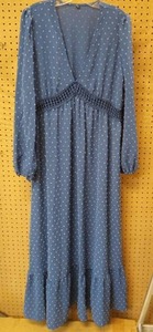lot 1155 image: Womens Long-Sleeve Dress XL Blue with Polka Dot Print and Lace V Waist - Retail $45