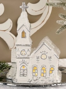lot 1054 image: Illuminated Ceramic Church with Metallic Detail by Valerie