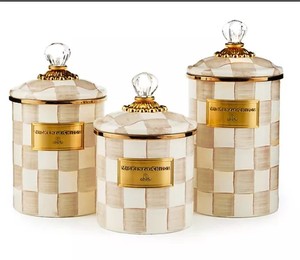 lot 1108 image: MacKenzie- Childs S3 Check Enamel Canisters - Sm, Md, & Lg