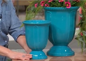 lot 1120 image: $79 Garden Reflections S2 Staggered Height Ceramic Urn Planters, Teal