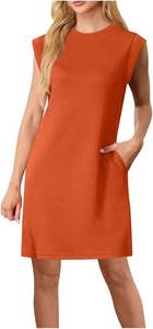 lot 1174 image: 2xl Casual Midi Dress Color Round Neck Sleeveless Sundress w Pockets