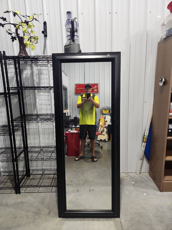 lot 2644 image: Black Framed Wall Mirror with Beveled Glass