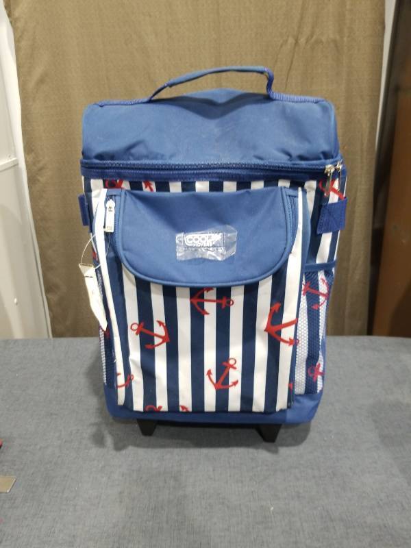 lot 2857 image: Coofit Rolling Cooler Bag Anchor Print Navy White Blue