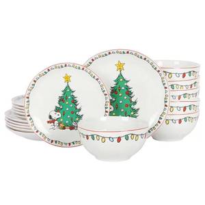 lot 1285 image: Peanuts Holiday Christmas 18-Piece White Fine Ceramic Dinnerware Set