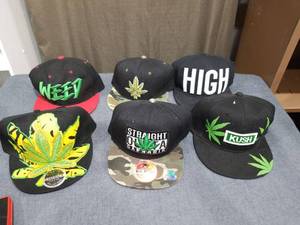 lot 1296 image: Lot of 6 Assorted Baseball Caps with Cannabis Leaf Graphics