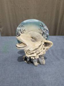 lot 1311 image: Wolf Head Figurine with Blue Glass Orb Snow Globe Decorative Sculpture