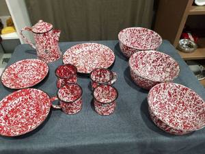 lot 1334 image: Red and White Spatterware Dinnerware Set Some Damage  See Pictures