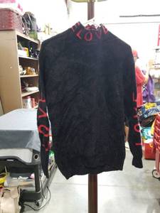 lot 1351 image: Black Crewneck Sweater with Red Love Text and Sleeve Stripes Size Unknown
