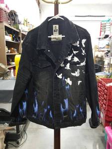 lot 1358 image: Industrial Indigo MA SON RYDNM Denim Jacket XL Hand-Painted