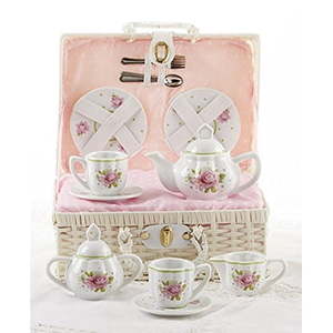 lot 1413 image: Delton Products Pink Rose Pattern Porcelain Child Tea for 2 Tea SetBasket