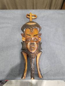 lot 1416 image: Carved Wooden Mask Pendant with Handle and Inlay Detail