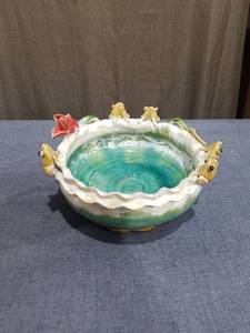 lot 1428 image: Ceramic Decorative Bowl with Frog and Flower Handles