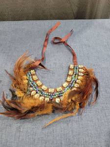 lot 1450 image: Feathered Bib Necklace with Gold Rhinestone Embellishment