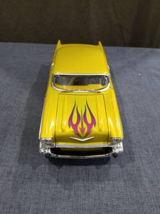 lot 1464 image: 57 Chevy Yellow Diecast Model Car with Flame Decals and Engine Detail Hot Wheels