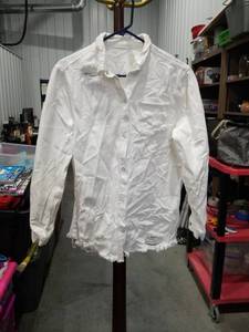 lot 1494 image: White Long Sleeve Button-Up Shirt with Distressed Hem Size Unknown