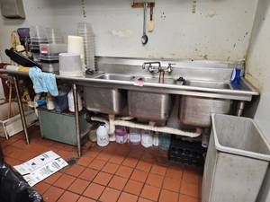 lot 21712 image: Three-Compartment Stainless Steel Sink w Drainboard