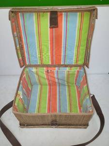 lot 3 image: Wicker Suitcase with Striped Fabric Lining and Shoulder Strap