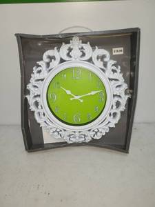 lot 44 image: Skyltzer Decorative Clock 14.7 x 15.8 Green Face White Ornate Frame