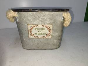 lot 109 image: Welcome to My Garden Galvanized Metal Planter Bucket with Rope Handles