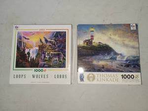 lot 119 image: Ceaco 1000 Piece Jigsaw Puzzle Lot Wolves Kinkade 2 Pack