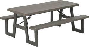 lot 106 image: $365 LIFETIME 6-Foot Folding Picnic Table with Benches, Seats 8, Heavy-Duty HDPE Tabletop, Steel Frame, Weather & UV Resistant Outdoor Picnic Table with Umbrella Hole