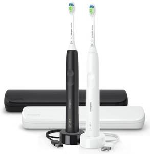 lot 1501 image: $225 Philips Sonicare Electric Toothbrush with DiamondClean Brush Head 2-Pack Bundle, Rechargeable Electric Tooth Brush with Pressure Sensor, Sonic Electronic Toothbrush, Travel Case,Black & White