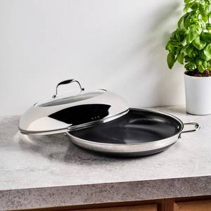 lot 1552 image: $219 HexClad 14 Hybrid Nonstick Frying Pan with Lid, Dishwasher & Oven Safe  Stay-Cool Handles, Dishwasher and Oven Safe up to 900 F, Compatible with All Cooktops Pan  Lid 14-inch