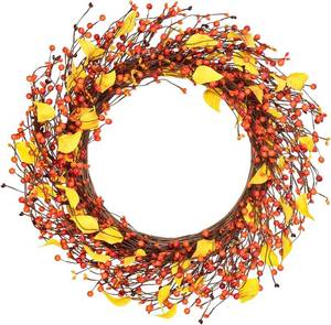 lot 4122 image: DearHouse 18 inch Artificial Fall Wreath Red Berry Wreath Fall Maple Leaf Wreath for Front Door Fall Decorations