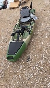 lot 52 image: Fishing Kayak Green with Seat Paddle and Accessories (missing part)