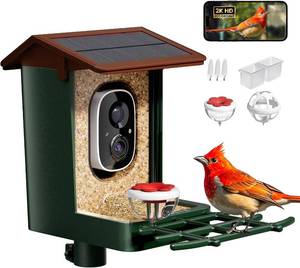 lot 2997 image: Smart Bird Feeder with Camera Solar Powered 2K HD Video, 10,000 Species AI Recognition, Real-Time App Alerts, and Weatherproof Design for Effortless Birdwatching, Gift for Bird Lovers, Green Brown