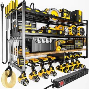 lot 3006 image: POKIPO Large Power Tool Organizer Wall Mount with 8-Outlet Charging Station, 600lbs Capacity Garage Storage Rack for 8 Cordless Drills Holder, Heavy Duty Metal 4-Layer Battery Utility Rack